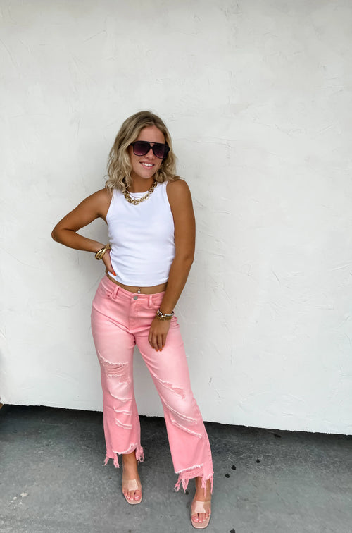 PREORDER: Pink Urban Distressed Crop Jeans - Maple Row Boutique 