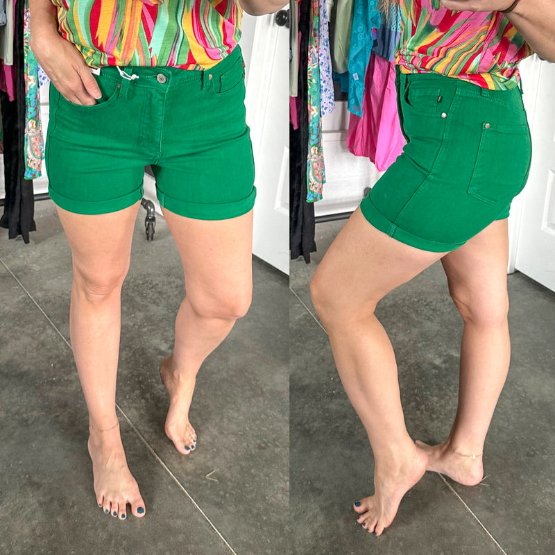 Jenna High Rise Control Top Cuffed Shorts in Green - Maple Row Boutique 