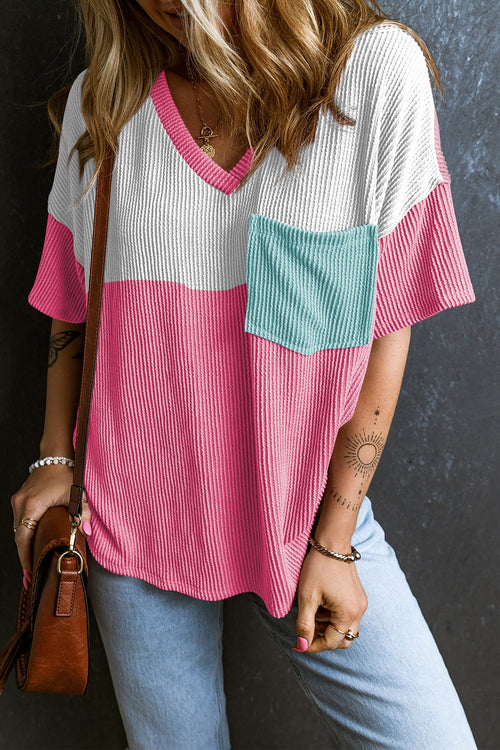 Color Block V-Neck Short Sleeve T-Shirt - Maple Row Boutique 