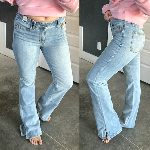 Mid Rise Boot Cut With Side Slit Judy Blue Jeans In Light Wash - Maple Row Boutique 