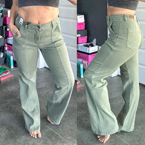 Phoebe High Rise Front Seam Straight Jeans in Sage - Maple Row Boutique 