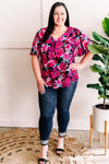 Black & Magenta Floral Angel Sleeve Blouse - Maple Row Boutique 