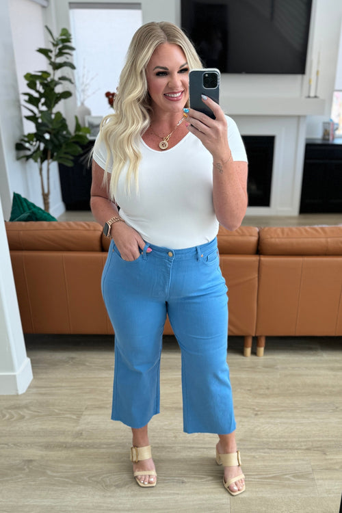 Lisa High Rise Control Top Wide Leg Crop Jeans in Sky Blue - Maple Row Boutique 