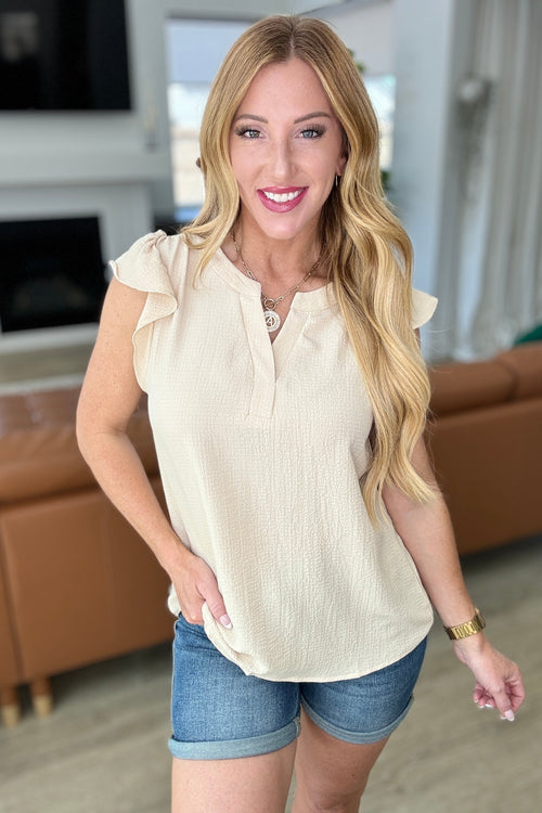 Crinkle Split Neckline Flutter Sleeve Top in Taupe - Maple Row Boutique 