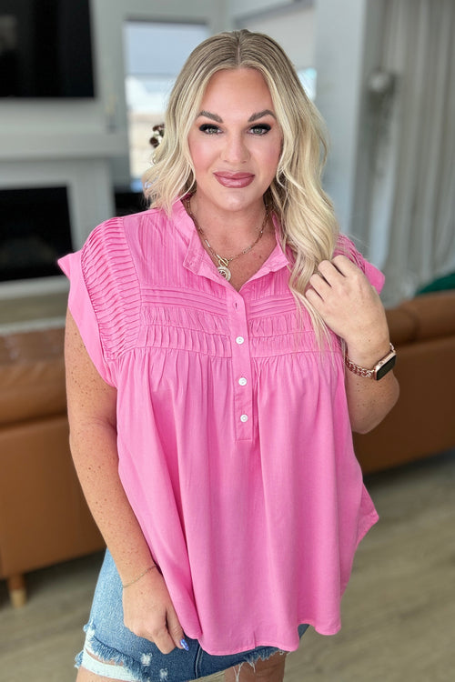 Pleat Detail Button Up Blouse in Pink Cosmos - Maple Row Boutique 