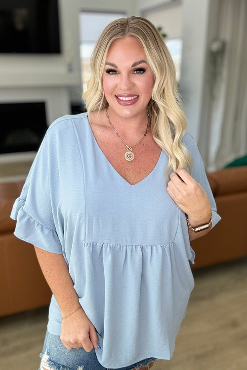 Airflow Peplum Ruffle Sleeve Top in Chambray - Maple Row Boutique 