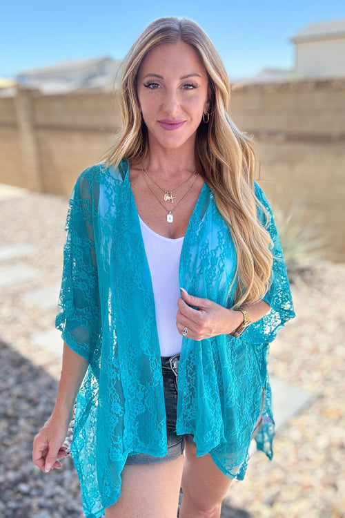 Good Days Ahead Lace Kimono In Teal - Maple Row Boutique 