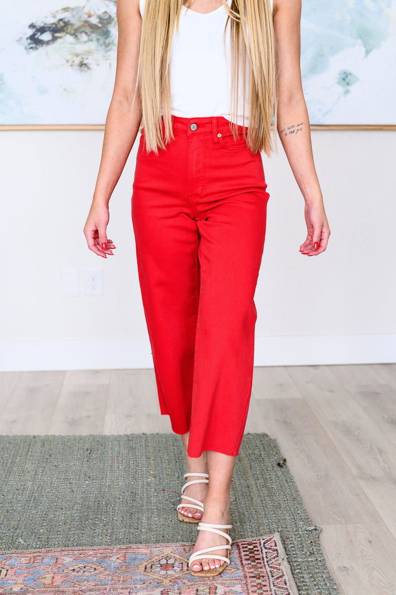 Lisa High Rise Control Top Wide Leg Crop Jeans in Red - Maple Row Boutique 