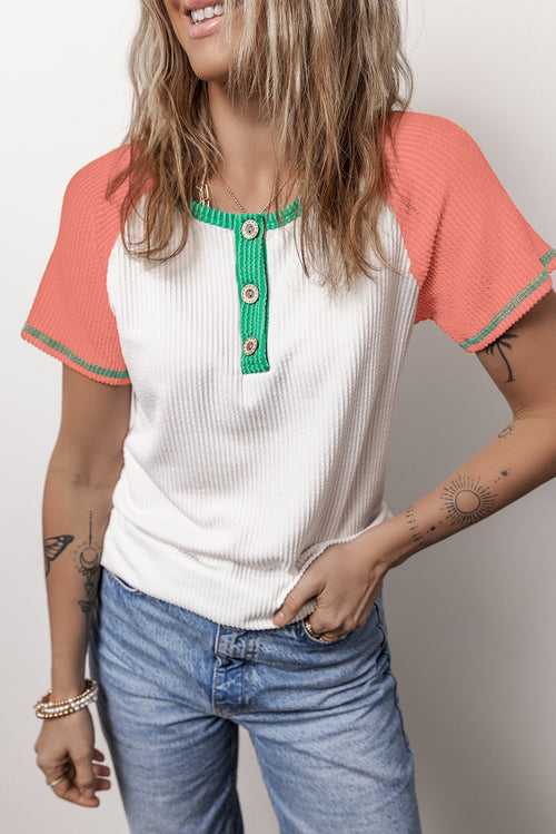 Color Block Round Neck Short Sleeve T-Shirt - Maple Row Boutique 