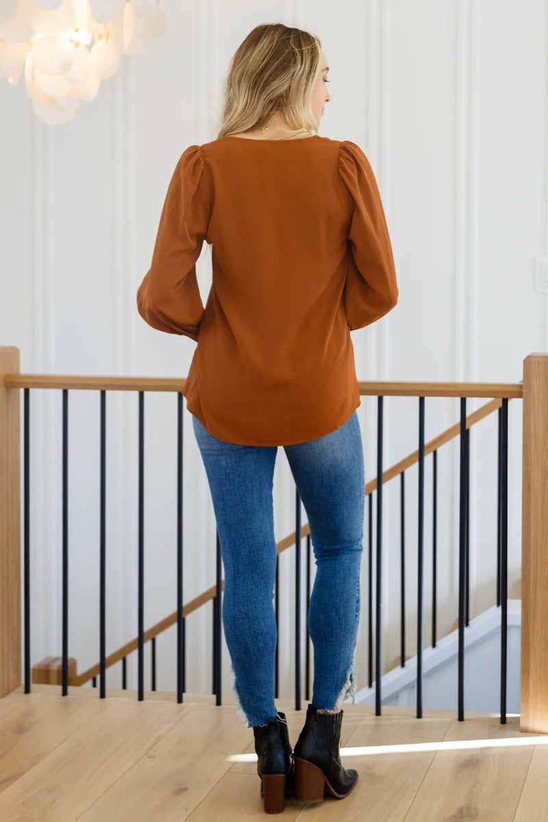 Enjoy This Moment V Neck Blouse In Toffee - Maple Row Boutique 