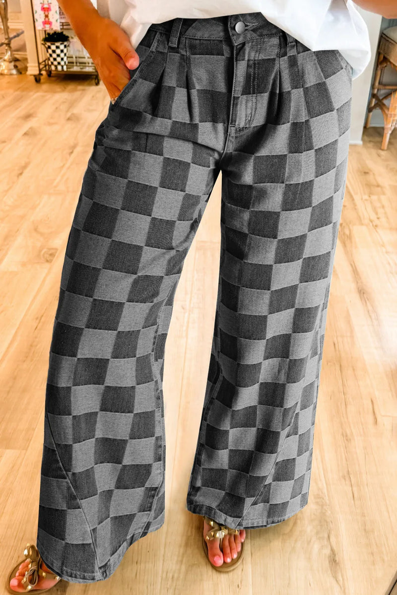 Checkered Wide Leg Jeans with Pockets - Maple Row Boutique