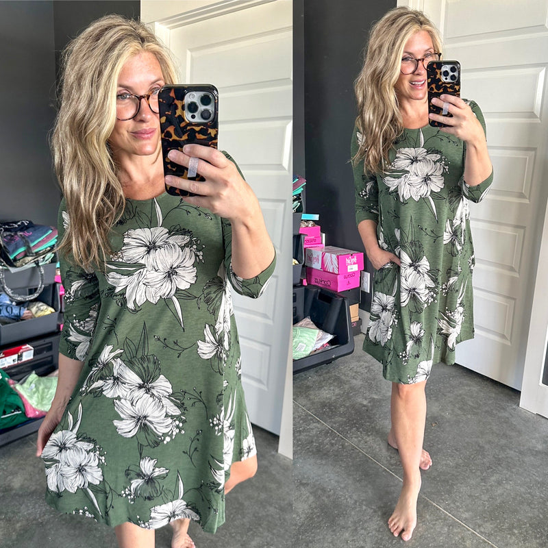 Olive Floral Long Sleeve Shift Dress With Pockets - Maple Row Boutique 
