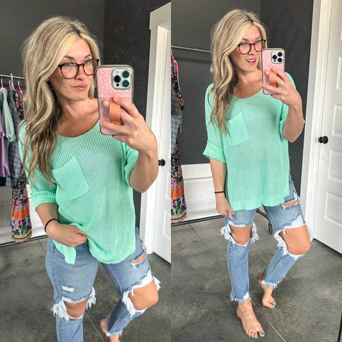Round Neck Knit Pocket Top In Aqua Mint - Maple Row Boutique 