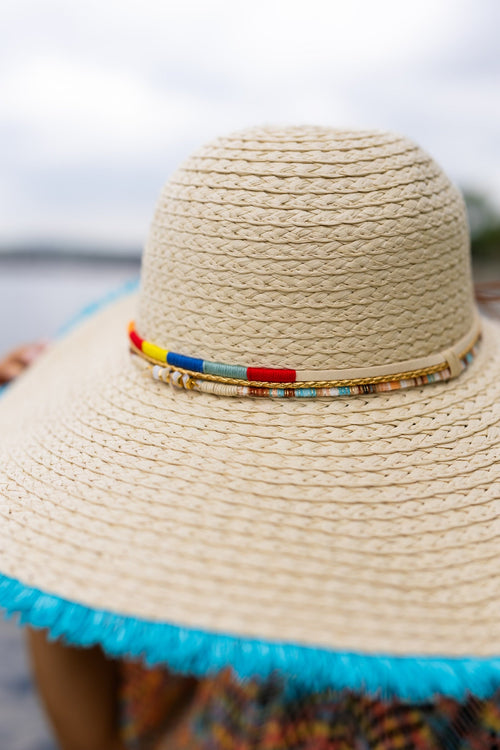 Frayed Straw Hat w/ Colored Bands - Maple Row Boutique 
