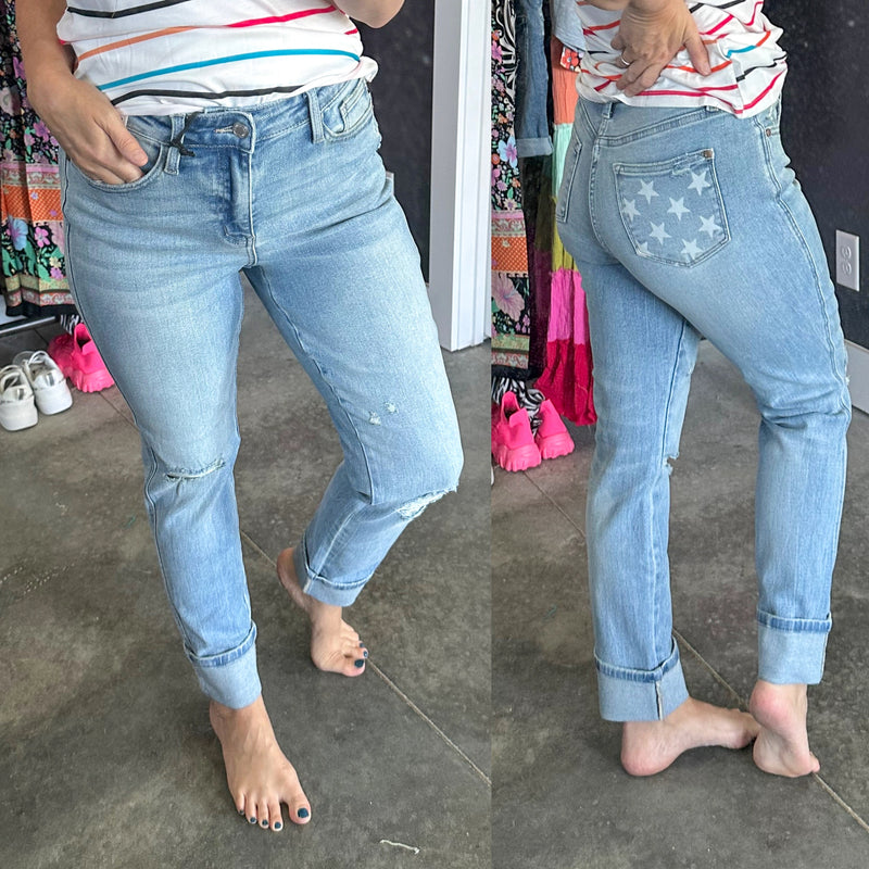 Sam Mid Rise Star Pocket Boyfriend Jeans - Maple Row Boutique 