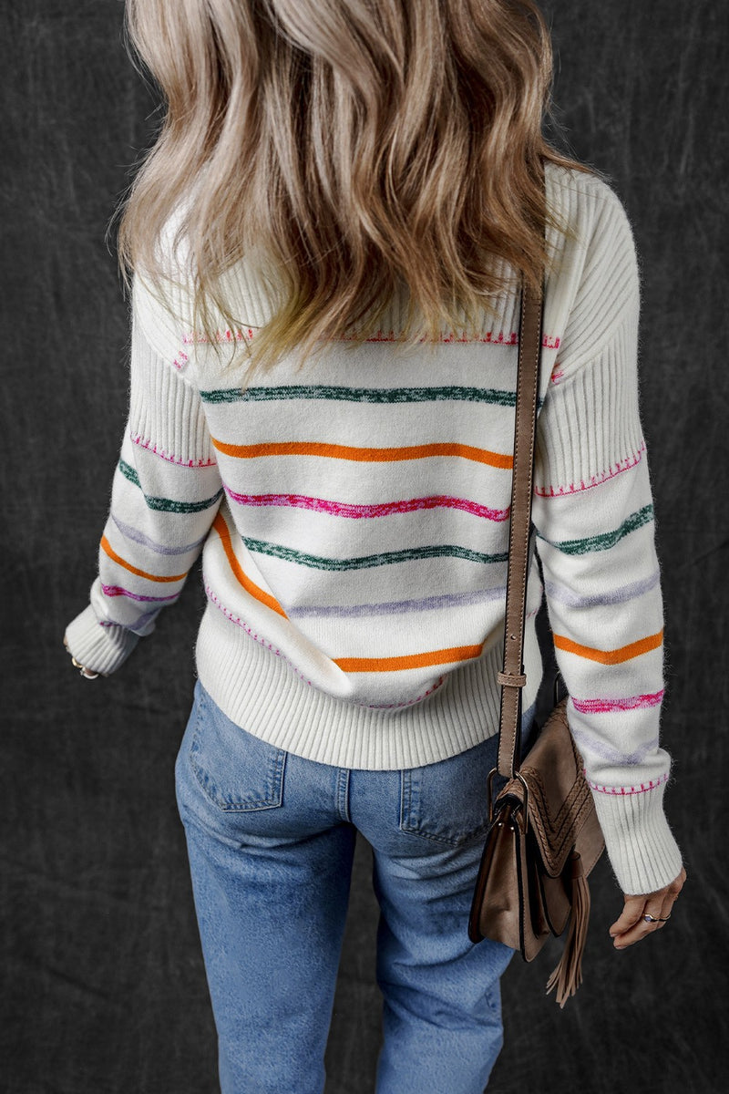 Striped Round Neck Dropped Shoulder Sweater - Maple Row Boutique 