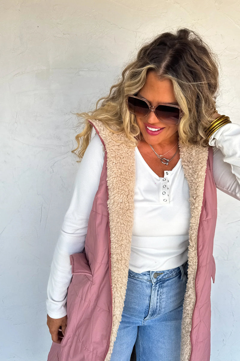 PREORDER: Reversible Sherpa Puffer Vest - Maple Row Boutique