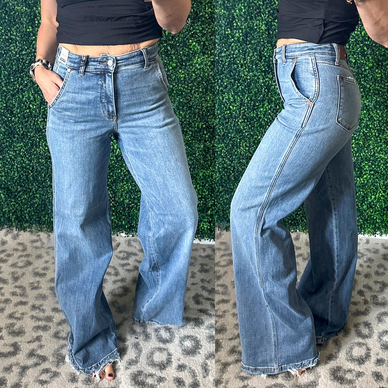 Judy Blue Wide Leg Light Wash Trouser Jeans - Maple Row Boutique