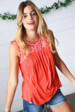 Orange-Red Embroidery Lace Edge Yoke Top - Maple Row Boutique 