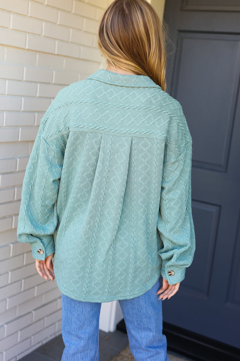 Casual Savvy Sage Cable Knit Button Down Shacket - Maple Row Boutique 