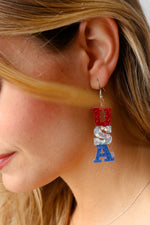Patriotic USA Glitter Tiered Resin Earrings - Maple Row Boutique 