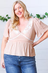 Taupe Crinkle Embroidered Smocked Babydoll Top - Maple Row Boutique 