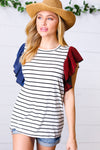 Red & Blue Flutter Sleeve Striped Top - Maple Row Boutique 