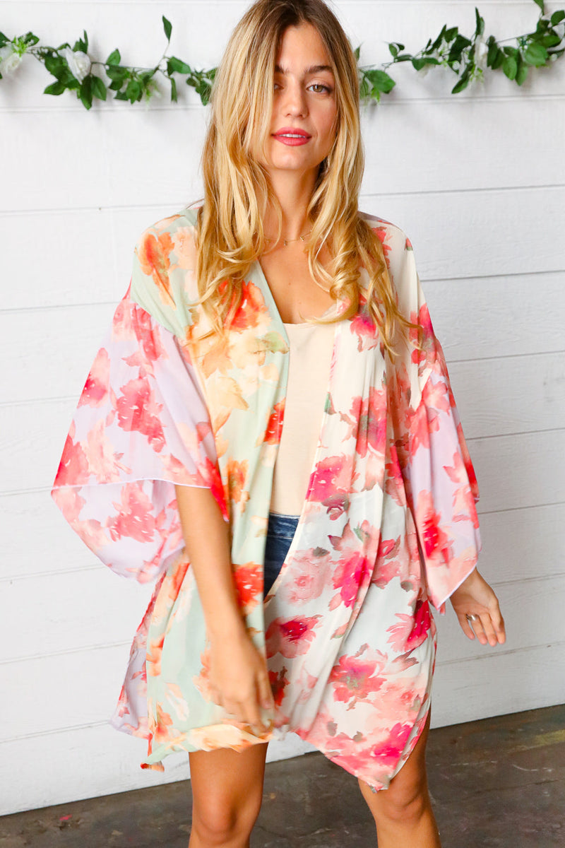 Lavender & Sage Colorblock Floral Print Chiffon Kimono - Maple Row Boutique 