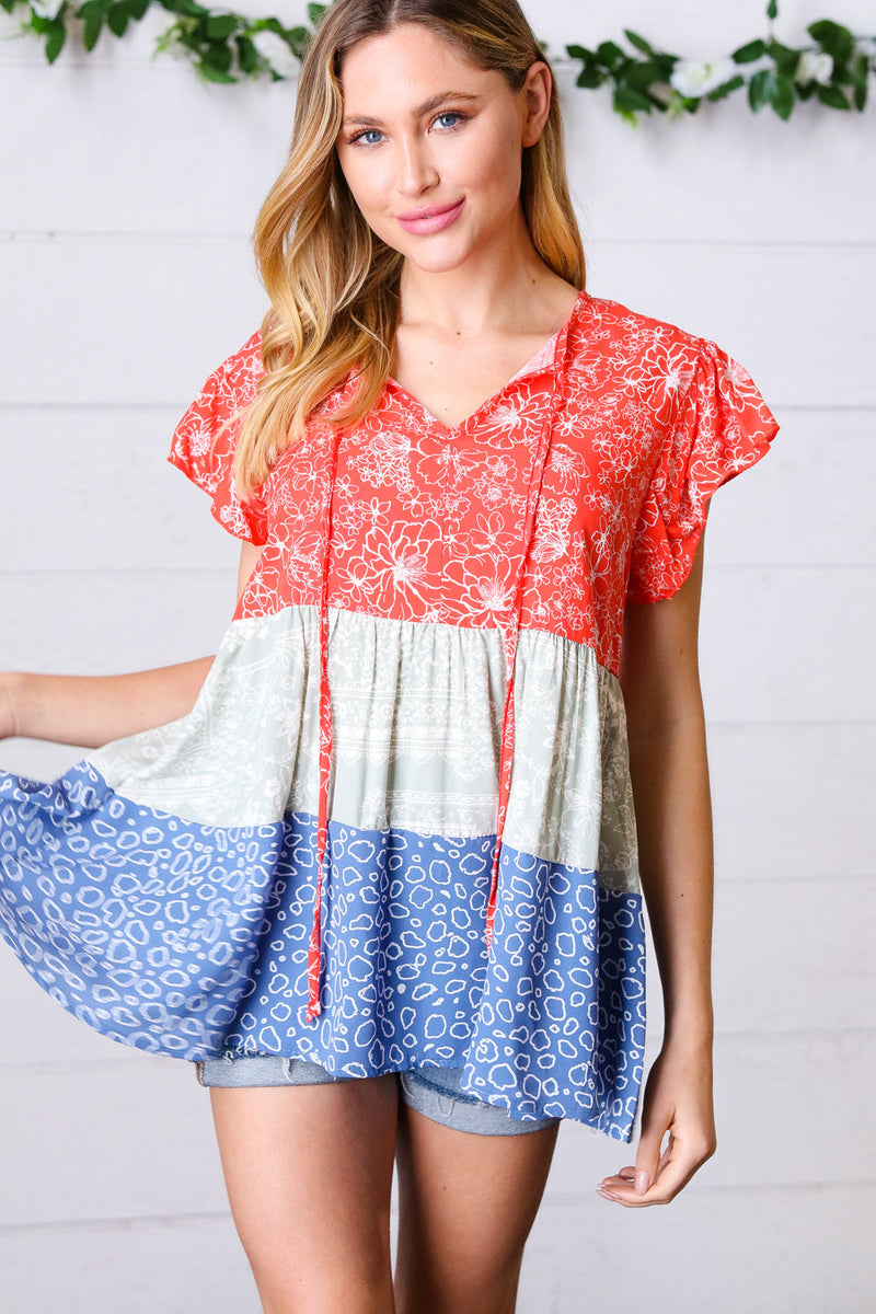 Red & Blue Color Block Tiered Tie Neck Top - Maple Row Boutique 