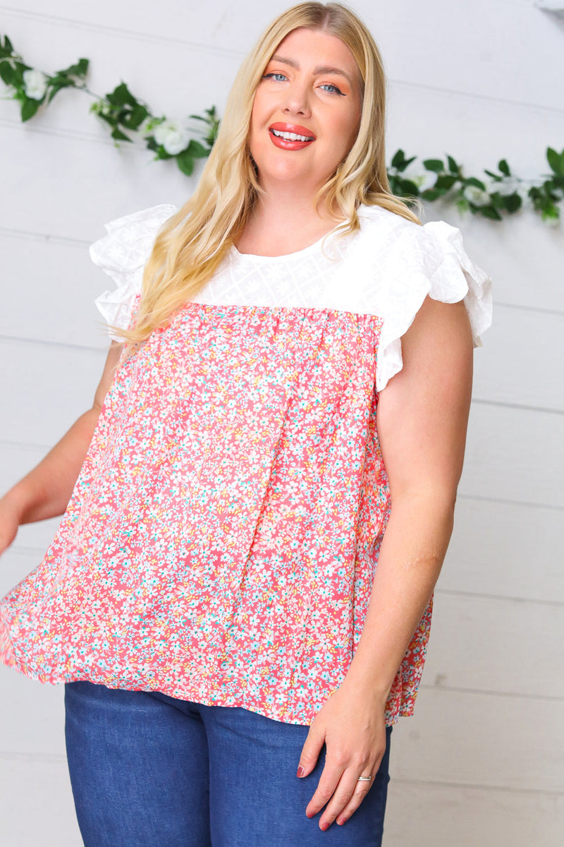 Coral & White Floral Embroidered Yoke Top - Maple Row Boutique 