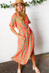 Orange Boho Print Surplice Sash Belt Midi Dress - Maple Row Boutique 