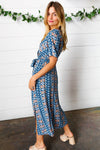 Navy Boho Print Surplice Sash Belt Midi Dress - Maple Row Boutique 