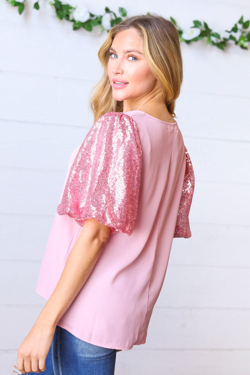 Pink Sequin Puff Sleeve Woven Top - Maple Row Boutique 