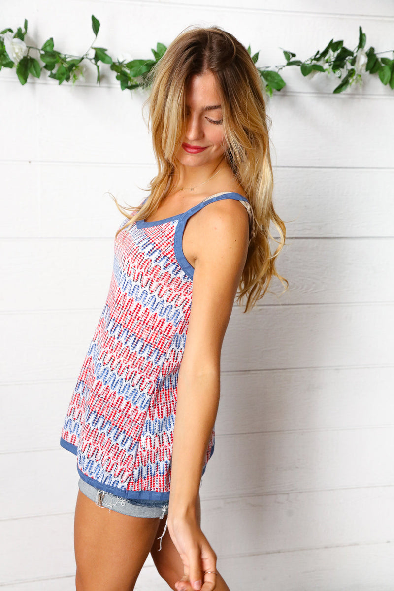 Red White & Blue Squiggly Striped Sleeveless Top - Maple Row Boutique 