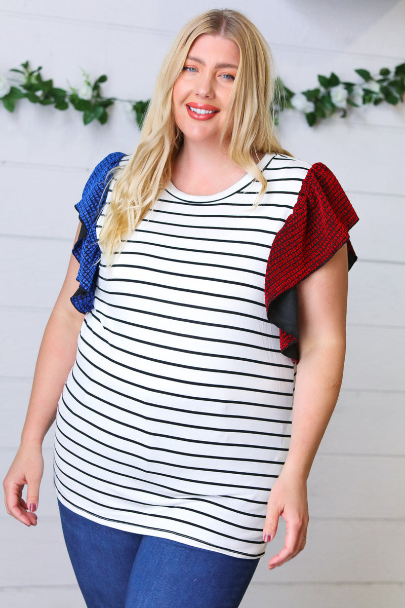 Red & Blue Flutter Sleeve Striped Top - Maple Row Boutique 