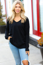 Hello Beautiful Black Front Seam V Neck Sweater - Maple Row Boutique 