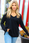 Hello Beautiful Black Front Seam V Neck Sweater - Maple Row Boutique 