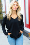 Hello Beautiful Black Front Seam V Neck Sweater - Maple Row Boutique 