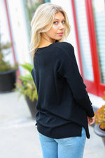 Hello Beautiful Black Front Seam V Neck Sweater - Maple Row Boutique 