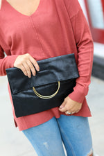 Black Fold Over Gold O-Ring Faux Leather Clutch Bag - Maple Row Boutique 
