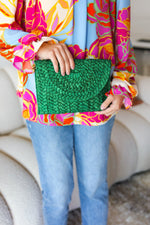 Emerald Green Raffia Woven Clutch Bag - Maple Row Boutique 