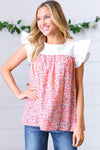 Coral & White Floral Embroidered Yoke Top - Maple Row Boutique 