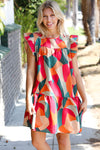 Magenta & Taupe Geometric Yoke Woven Dress - Maple Row Boutique 
