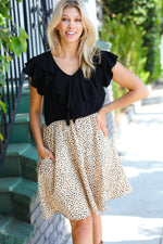Two Fer Ruffle V Neck Leopard Woven Dress - Maple Row Boutique 