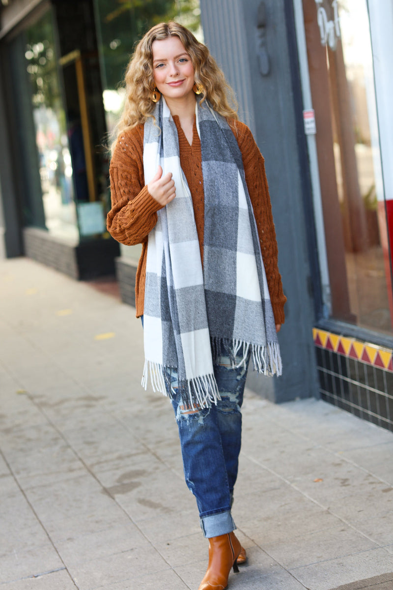 Keep Me Cozy Charcoal Grey Check Fringe Scarf - Maple Row Boutique 