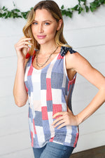 Red White & Blue Patchwork Bow Tie Shoulder Top - Maple Row Boutique 