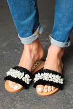 Black Linen Fray Beaded Faux Pearl Slide Sandal - Maple Row Boutique 