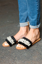 Black Linen Fray Beaded Faux Pearl Slide Sandal - Maple Row Boutique 