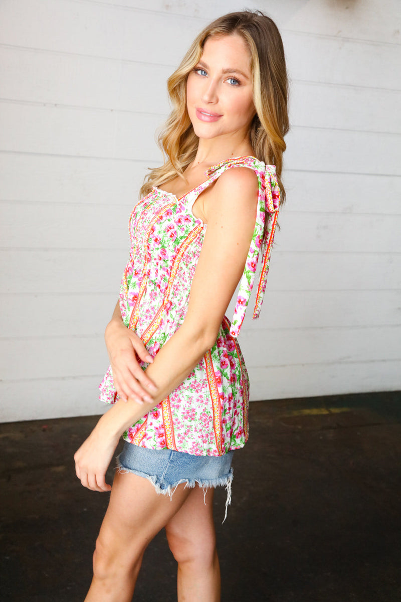 Ivory & Fuchsia Floral Smocked Shoulder Tie Top - Maple Row Boutique 