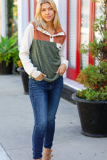 Face The Day Olive & Brown Embossed Checkered Button Down Sweater Top - Maple Row Boutique 